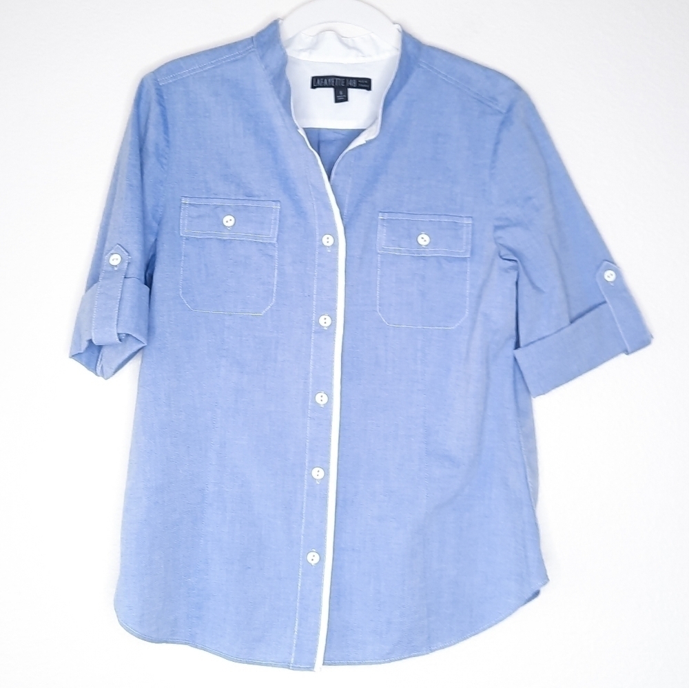 Lafayette 148 New York Indigo Rolled Tab Sleeve Button Down 6